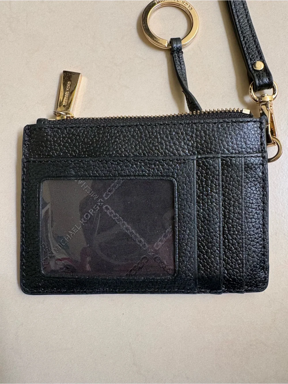 Michael Kors Black Pebbled Leather Wristlet Card Holder with Gold Hardware